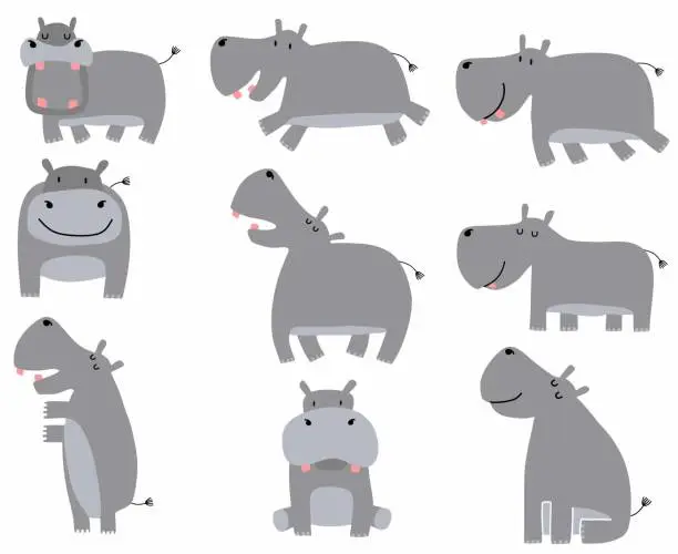 Vector illustration of Set of different hippos on white background.