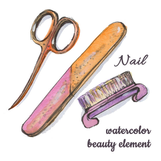 istock Manicure nail polish scissors, file and brush Watercolor on white background 1393624009