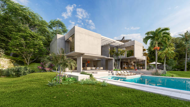 istock Luxurious brutalist home with pool and tropical garden 1393624293