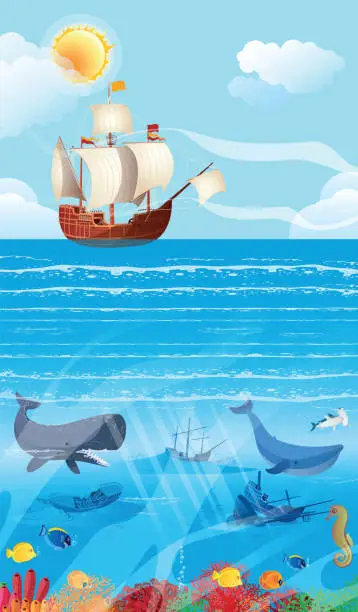 Vector illustration of Historic galleon and Undersea