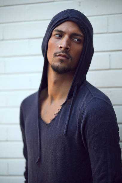 istock Sexy man with dark blue hoodie 1393625229
