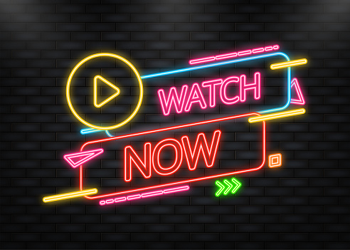 Watch now banner in neon style on dark background. Play video. Web media. Online translation. Vector illustration