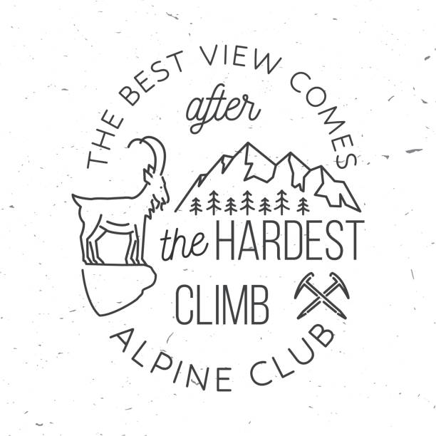 ilustrações, clipart, desenhos animados e ícones de a melhor vista vem depois da subida mais difícil. crachá do clube alpino. design de arte de linha vintage com machado de gelo, rock climbing goat e silhueta de montanha. emblema de aventura ao ar livre. - ice axe