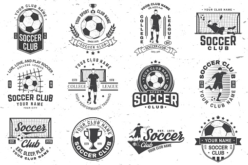 Set of soccer, football club badge design. Vector illustration. For football club sign, logo. Vintage monochrome label, sticker, patch, goalkeeper and gate with soccer and football player silhouettes