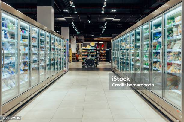 Empty Supermarket Aisle With Refrigerators Stock Photo - Download Image Now - Supermarket, Freezer, Aisle
