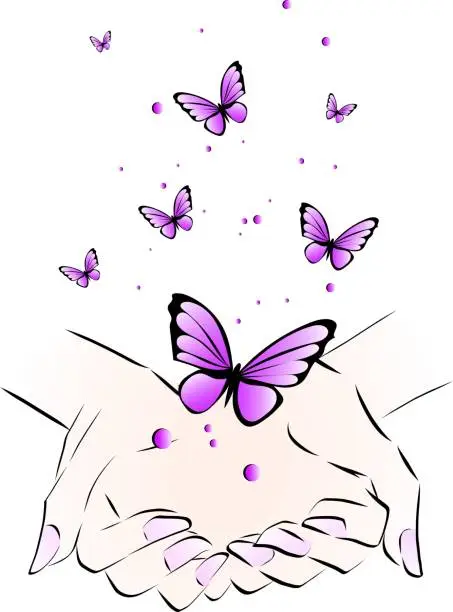 Vector illustration of Flapping butterflies and female hands