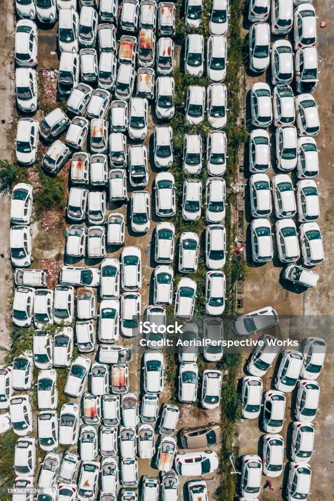 Top View of Wrecked and Abandoned Cars Top View of Wrecked and Abandoned Cars, Vehicle Junkyard Abandoned Stock Photo