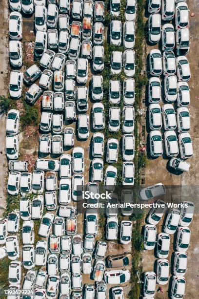 Top View Of Wrecked And Abandoned Cars Stock Photo - Download Image Now - Abandoned, Accidents and Disasters, Aerial View