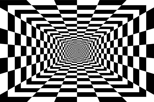 Abstract black and white checkered background Abstract black and white checkered background. Geometric pattern with visual distortion effect. Checkered wave black white background for sport race championship and business finish success. optical instrument stock illustrations