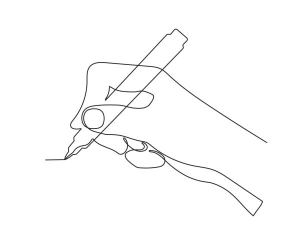 schreibhand, ein-linien-kunst, handgezeichnete durchgehende kontur. handfläche mit fingern, die stift, bleistift, kugelschreiber halten. - pen and marker stock-grafiken, -clipart, -cartoons und -symbole