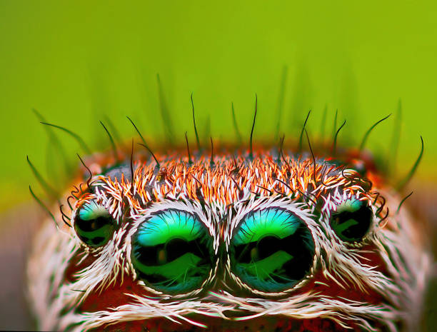 istock Scary eyes of jumping spider with empty space for text 1393630398