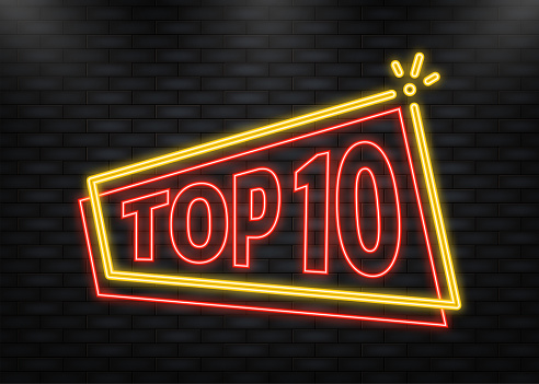 Neon Icon. Neon banner with Top 10 colorful label on dark background.
