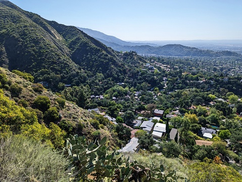 View from the Mt. Wilson Trail looking out to Sierra Madre and Arcadia in the foothills of the San Gabriel Mountains, Los Angeles County, California