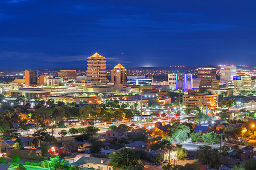Albuquerque, New Mexico, USA downtown cityscape at night.