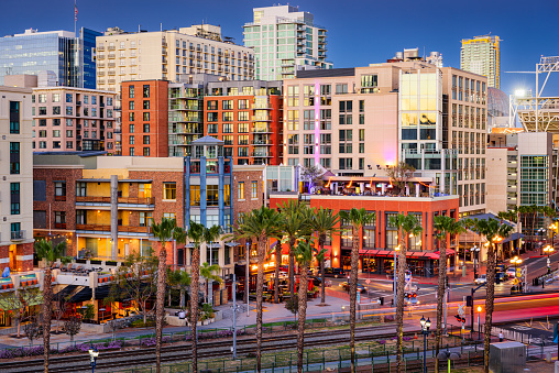 San Diego, California cityscape at the Gaslamp Quarter in the evening.
