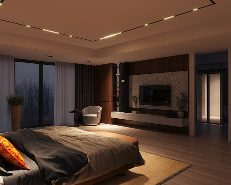 Digitally generated modern owner's bedroom interior design (night).\n\nThe scene was rendered with photorealistic shaders and lighting in Corona Renderer 7 for Autodesk® 3ds Max 2022 with some post-production added.