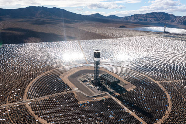The Ivanpah Solar Thermal Power Generation Plant Aerial Aerial video of the Ivanpah Solar Thermal Power Generation plant in the Mojave Desert. heliostat photos stock pictures, royalty-free photos & images
