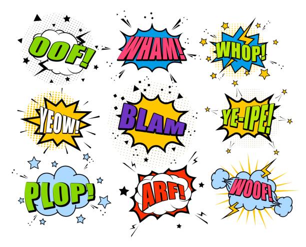 ilustrações, clipart, desenhos animados e ícones de bolha de fala em quadrinhos retrô definida com frase de modelo - blam