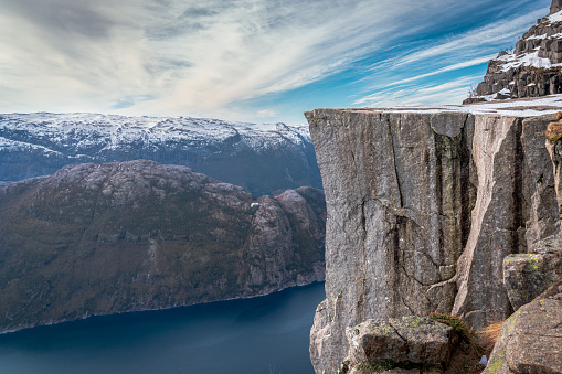 Preikestolen or Prekestolen, a 604 m high cliff in Norway, located by the Lysefjord., Scandinavia, Europe