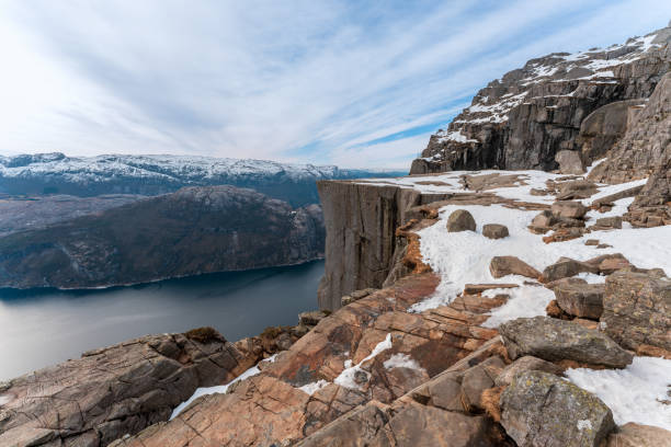 preikestolen or prekestolen, a 604 m high cliff in norway, located by the lysefjord. - kjeragbolten imagens e fotografias de stock