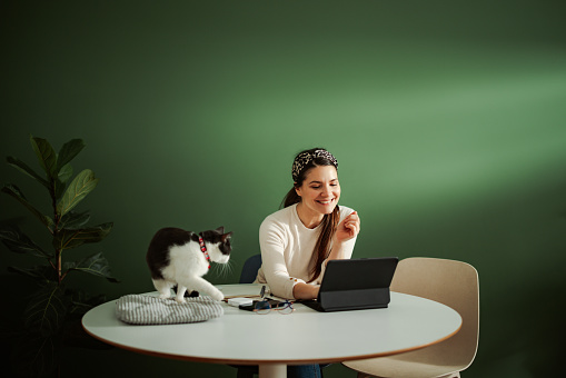 Beautiful cheerful woman sitting at the desk using her tablet. She is trying to work while the cat is disrupting and distracting her.