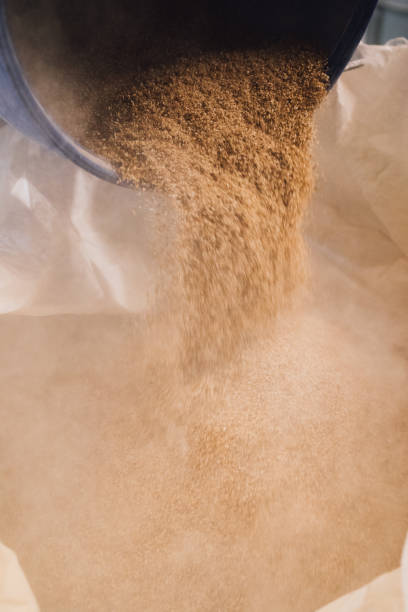 istock barley malt grain pouring from blue barrel into polyethylene grain bag 1393640034