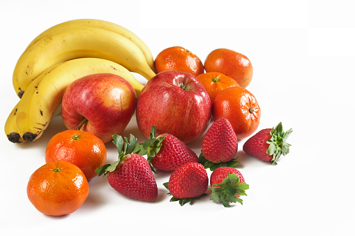 Bananas, apples, strawberries, tangerines from the organic garden.