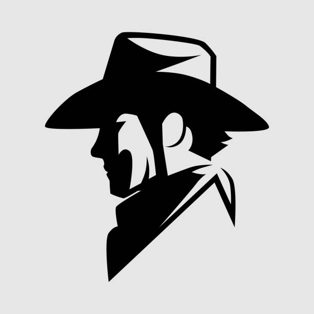 Cowboy head symbol on gray backdrop Cowboy portrait side view symbol on gray backdrop. Design element silhouette of a cowboys logo pic stock illustrations