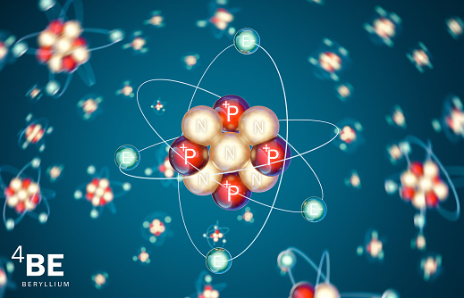 3D model of beryllium (Be) A chemical element with atomic number 4, a metal belonging to the second main group of the periodic table. It is relatively rare in the Universe, usually as a product of combustion of larger atomic nuclei under the influence of cosmic radiation. 3D rendering.