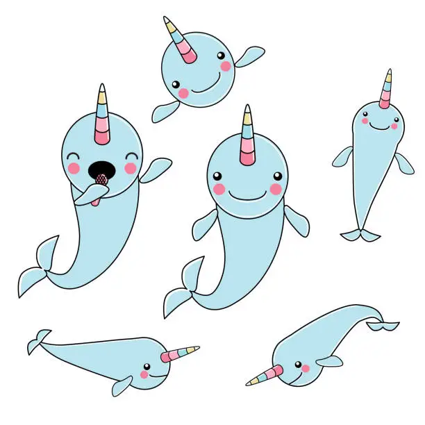 Vector illustration of Cartoon happy narwhal set