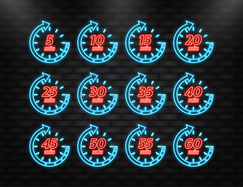 Neon Icon. 10, 15, 20, 25, 30, 35, 40, 45, 50 min, great design for any purposes. Vector logo.