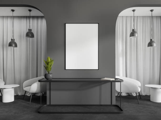 istock Modern cafe interior with chairs and table, curtains. Drawer and mockup frame 1393649281