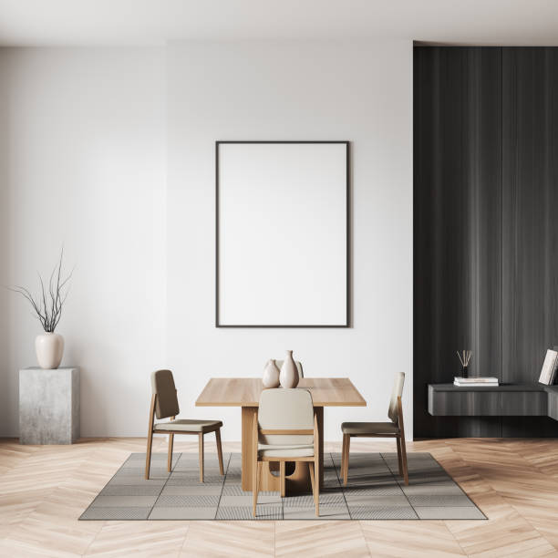 istock Bright living room interior with empty white poster, table, chairs 1393649338
