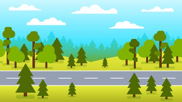 ilustrações de stock, clip art, desenhos animados e ícones de forest road highway - road street hill landscape