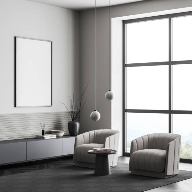 istock Lounge room interior with seats and panoramic window. Mockup frame 1393650008