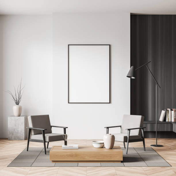 istock Bright living room interior with empty white poster, armchairs 1393650514