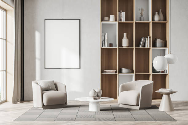istock Light lounge room interior with seats and decoration. Mockup frame 1393650915