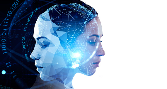 Attractive businesswoman with robot face on white background. Digital interface with binary code and head with virtual globe in the foreground. Concept of artificial intelligence. Copy space