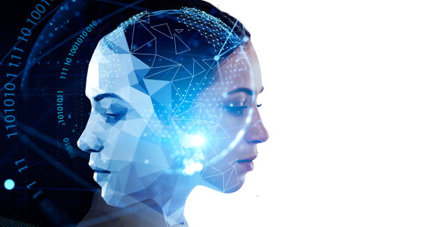 Attractive businesswoman with robot face on white background Attractive businesswoman with robot face on white background. Digital interface with binary code and head with virtual globe in the foreground. Concept of artificial intelligence. Copy space artificial intelligence stock pictures, royalty-free photos & images