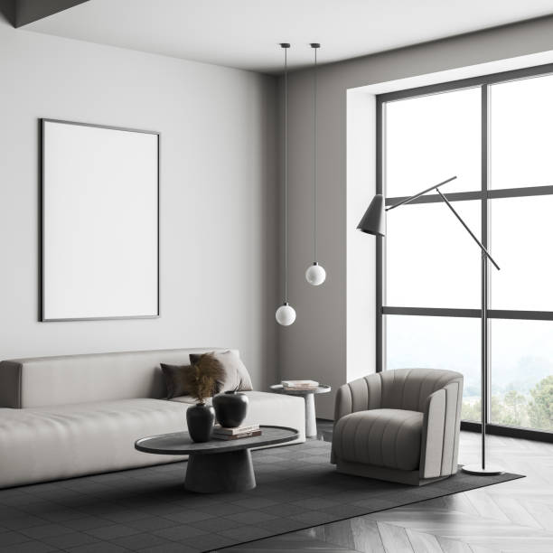 istock Relaxing room interior with seats and coffee table, panoramic window. Mockup frame 1393651147