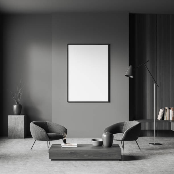 istock Dark living room interior with empty white poster, armchairs 1393652458