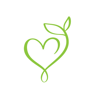 Green vector icon heart shape and leaf. Can be used for eco, vegan herbal healthcare or nature care concept organic logo design.