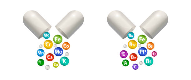 illustrazioni stock, clip art, cartoni animati e icone di tendenza di set di integratori di pillole per capsule vettoriali minerali e vitaminiche. complesso multivitaminico di bolle 3d. icona essenziale per la salute. illustrazione sanitaria - vitamin d vitamin b1 vitamin pill nutritional supplement