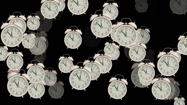 istock Flying alarm clocks on black background 1393658567