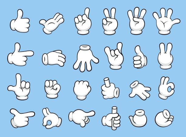 Retro cartoon gloved hands gestures. Thumb up, finger count, forefinger pointing, fist and palm waving hello. Comic style character hands sign vector set Retro cartoon gloved hands gestures. Thumb up, finger count, forefinger pointing, fist and palm waving hello. Comic character hands sign vector set Gesturing stock illustrations