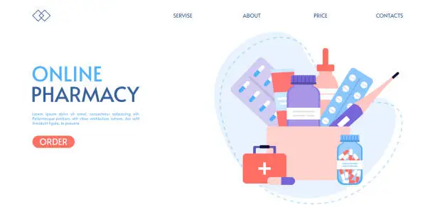 Vector illustration of Online pharmacy landing page template. Online purchase and delivery of medicines. E-commerce concept. Medical drugs set in flat style. Ordering medicines online. Vector on white background.