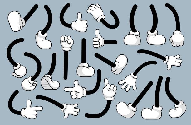 retro kreskówkowe nogi, gesty rąk i pozy rąk. komiczna śmieszna stopa postaci w butach chodząca i ręce w rękawiczce. animacja maskotki części ciała zestaw wektorowy - ręce stock illustrations