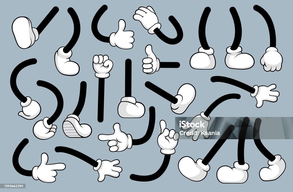 Retro Cartoon Legs Arms Gestures And Hands Poses Comic Funny Character Foot  In Shoes Walking And Hands In Glove Animation Mascot Body Parts Vector Set  Stock Illustration - Download Image Now - iStock