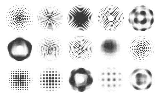 illustrations, cliparts, dessins animés et icônes de des points de demi-teinte abstraits encerclent des motifs et des cadres. effet de texture de dégradé de bande dessinée ronde. brosse de pulvérisation radiale de sérigraphie. jeu de vecteurs d’arrière-plan en demi-teinte - moire