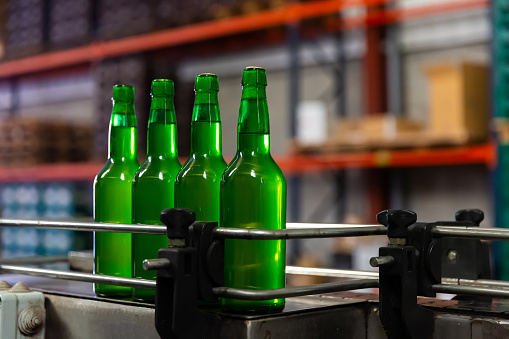 Close up of green glass unlabeled bottles of cider on bottling line